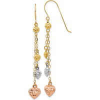 14K Tri-color Gold Puff Heart Dangle Earrings - Elegant Drop Design by 0