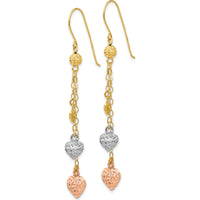 14K Tri-color Gold Puff Heart Dangle Earrings - Elegant Drop Design by 0