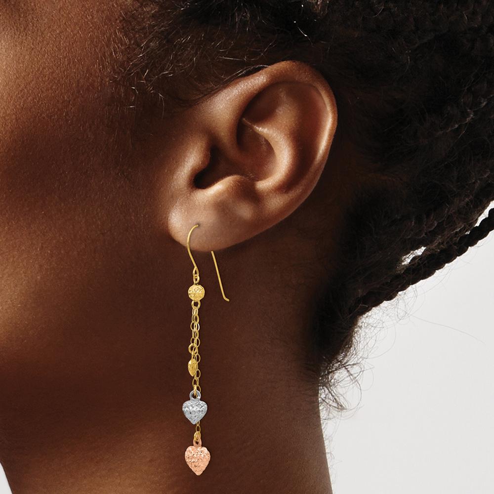 14K Tri-color Gold Puff Heart Dangle Earrings - Elegant Drop Design by 0