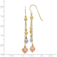 14K Tri-color Gold Puff Heart Dangle Earrings - Elegant Drop Design by 0