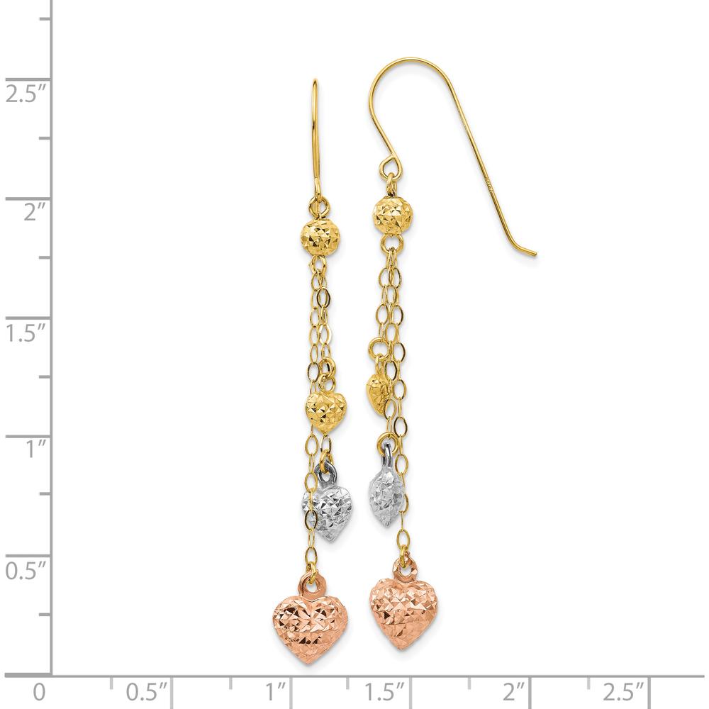14K Tri-color Gold Puff Heart Dangle Earrings - Elegant Drop Design by 0