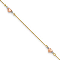14K Tri-Color Gold Puffed Hearts and Beads Anklet - 9" with 1" Extender