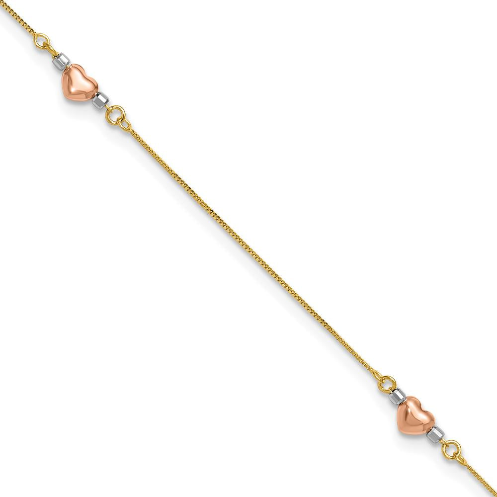 14K Tri-Color Gold Puffed Hearts and Beads Anklet - 9" with 1" Extender