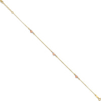 14K Tri-Color Gold Puffed Hearts and Beads Anklet - 9" with 1" Extender