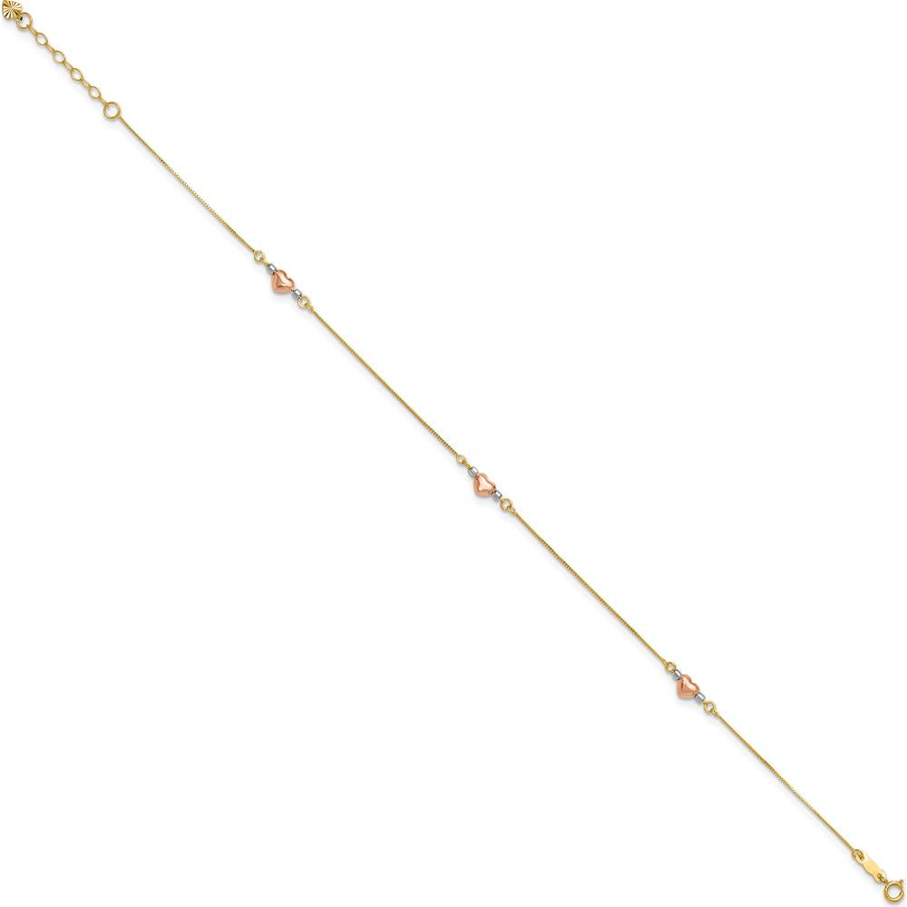 14K Tri-Color Gold Puffed Hearts and Beads Anklet - 9" with 1" Extender