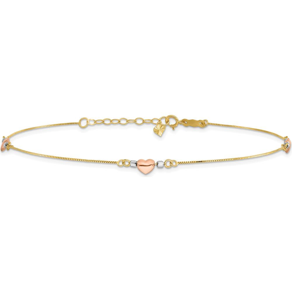 14K Tri-Color Gold Puffed Hearts and Beads Anklet - 9" with 1" Extender