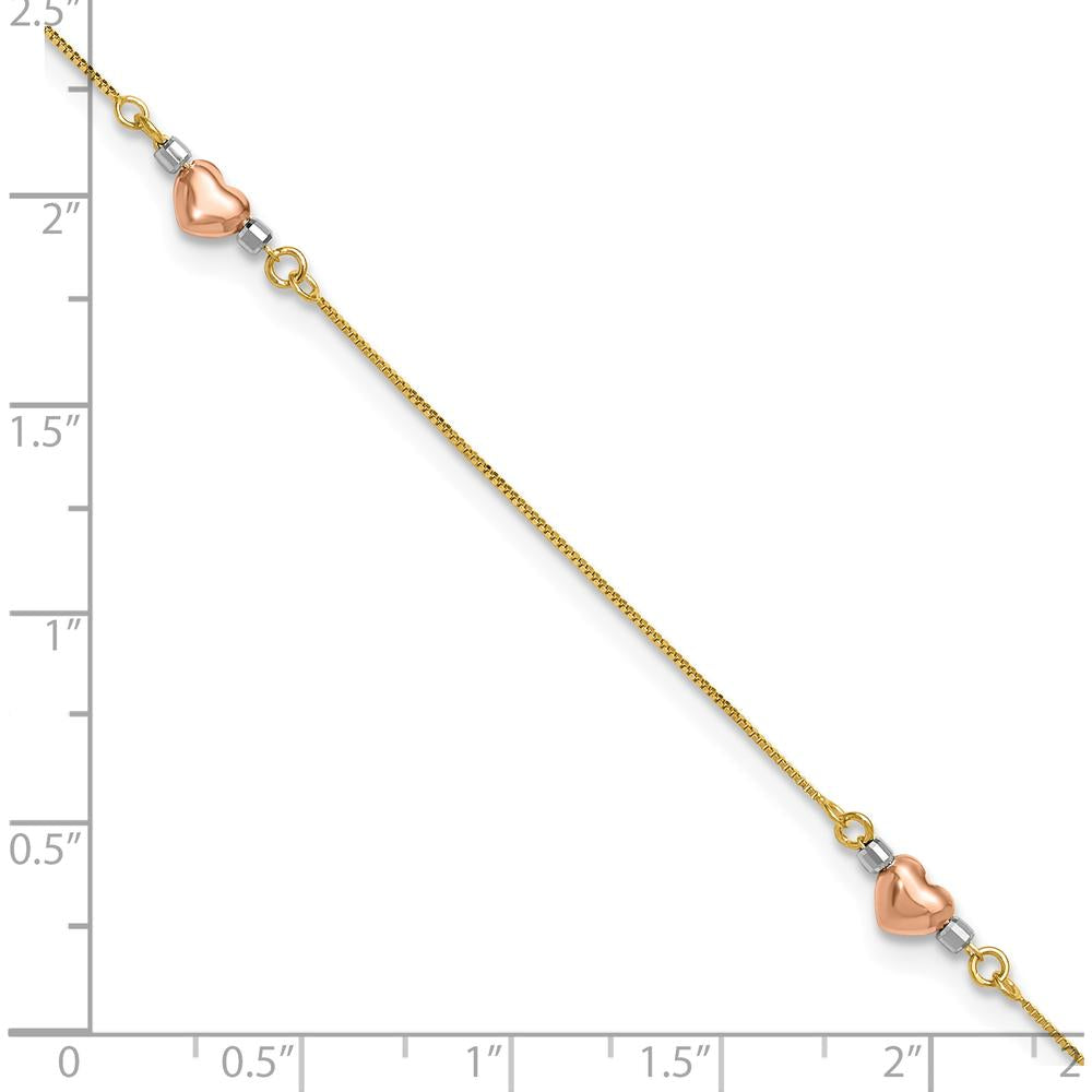 14K Tri-Color Gold Puffed Hearts and Beads Anklet - 9" with 1" Extender