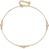 14K Tri-Color Gold Puffed Hearts and Beads Anklet - 9" with 1" Extender