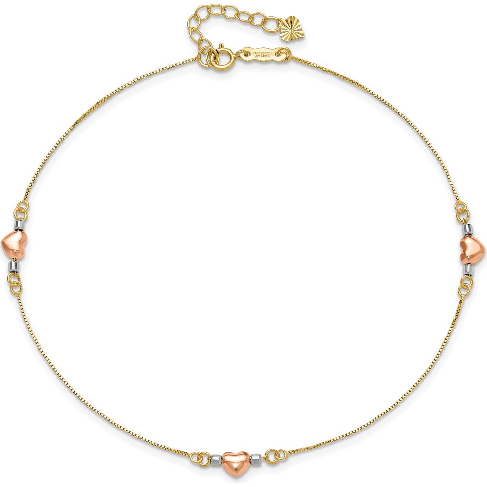 14K Tri-Color Gold Puffed Hearts and Beads Anklet - 9" with 1" Extender