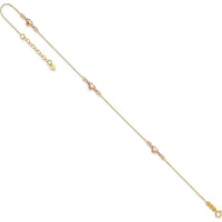 14K Tri-Color Gold Puffed Hearts and Beads Anklet - 9" with 1" Extender