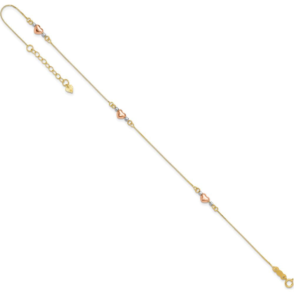14K Tri-Color Gold Puffed Hearts and Beads Anklet - 9" with 1" Extender