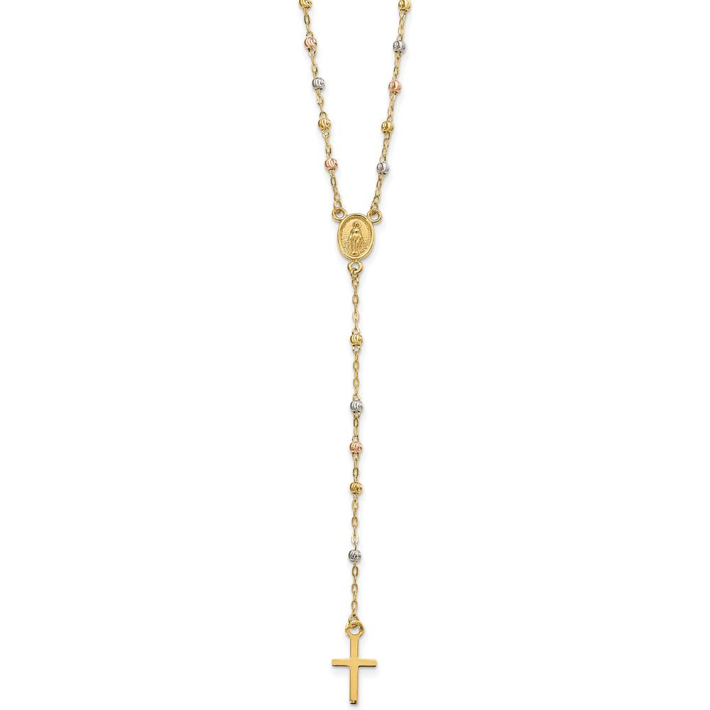 14K Tri-color Gold Rosary Necklace with Miraculous Medal and Diamond-cut Beads - 17" Length with 3" Extender by 0
