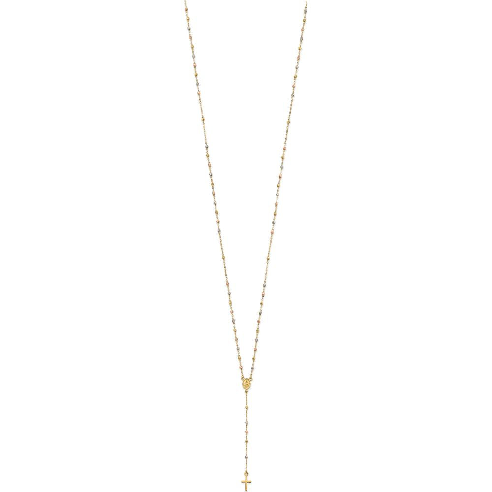 14K Tri-color Gold Rosary Necklace with Miraculous Medal and Diamond-cut Beads - 17" Length with 3" Extender by 0