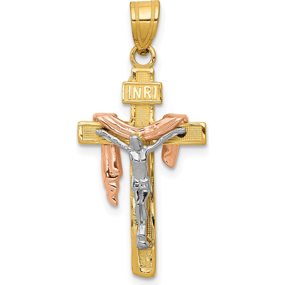 14K Tri-Color Gold Small Draped INRI Crucifix Pendant - Polished Diamond-Cut Finish by Oro Pregiato