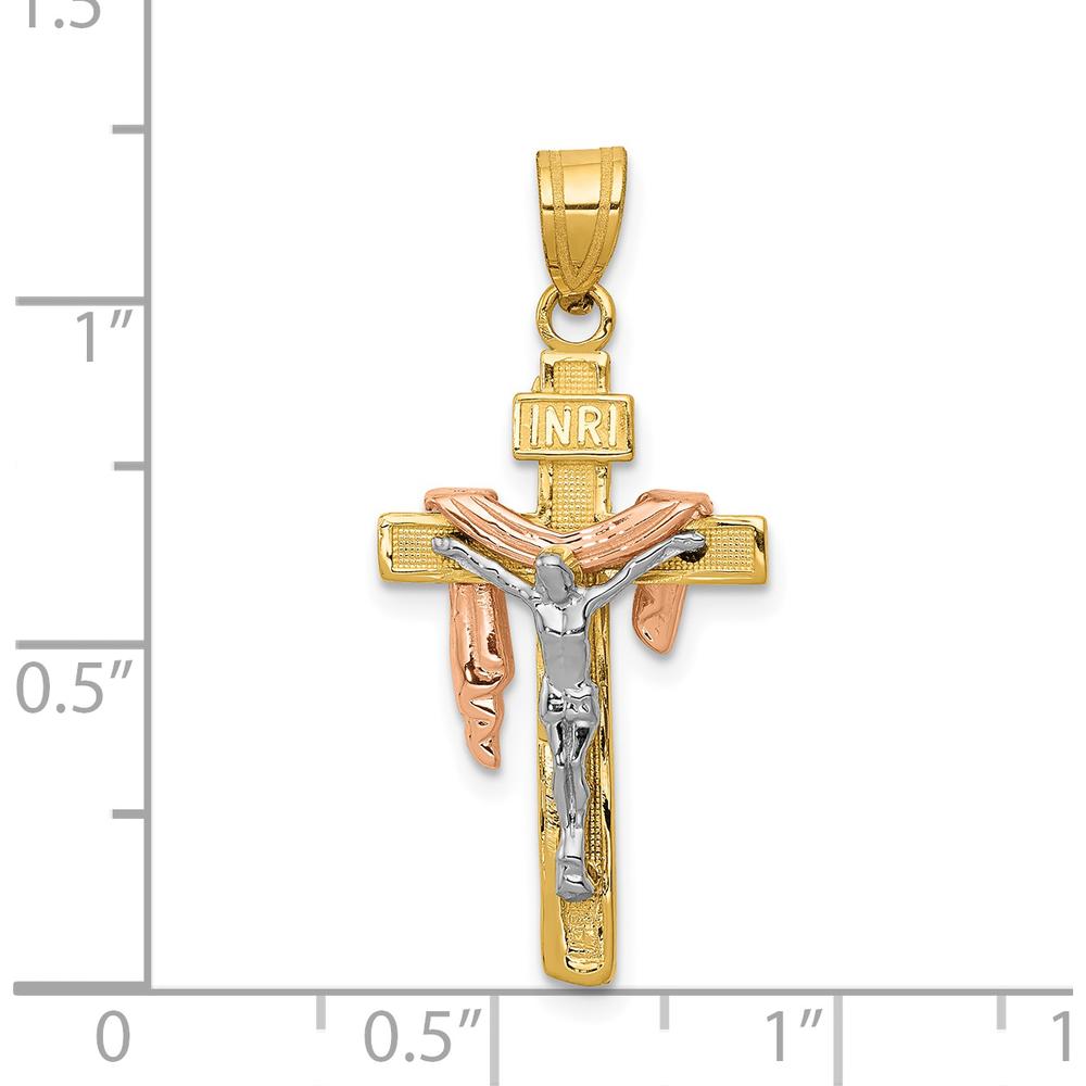 14K Tri-Color Gold Small Draped INRI Crucifix Pendant - Polished Diamond-Cut Finish by Oro Pregiato