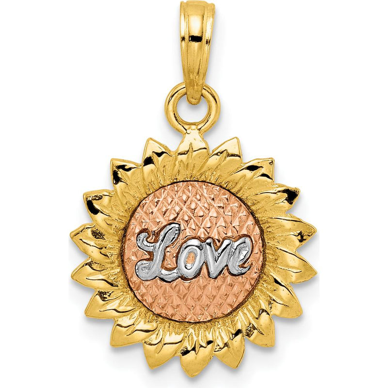 14K Tri-Color Gold Sunflower Pendant with LOVE Engraving - Polished Finish by Oro Pregiato