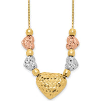 14K Tri-Color Gold Textured Puffed and Flat Hearts Necklace - 18" with Spring Ring Clasp by 0