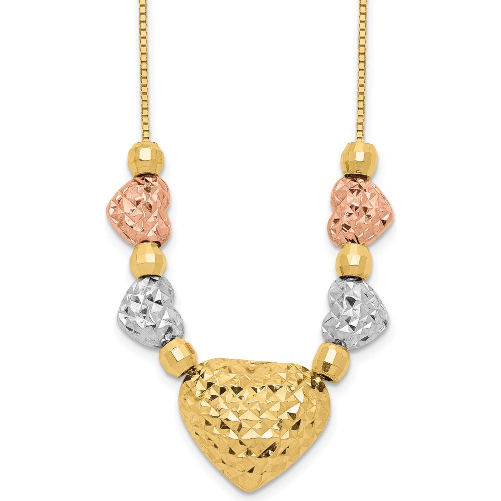 14K Tri-Color Gold Textured Puffed and Flat Hearts Necklace - 18" with Spring Ring Clasp by 0