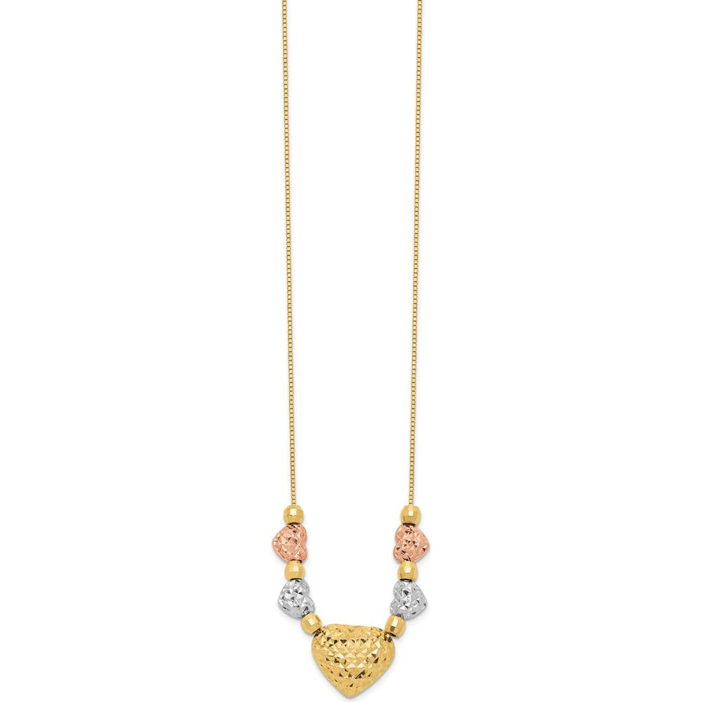 14K Tri-Color Gold Textured Puffed and Flat Hearts Necklace - 18" with Spring Ring Clasp by 0