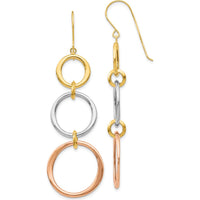 14K Tri-Color Gold Triple Circle Dangle Earrings - Polished Finish, 61mm Length by 0