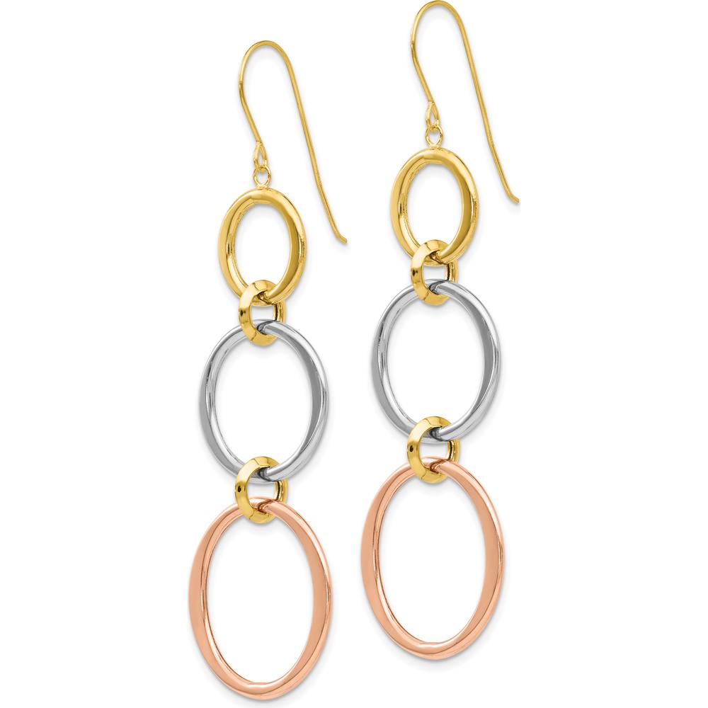 14K Tri-Color Gold Triple Circle Dangle Earrings - Polished Finish, 61mm Length by 0