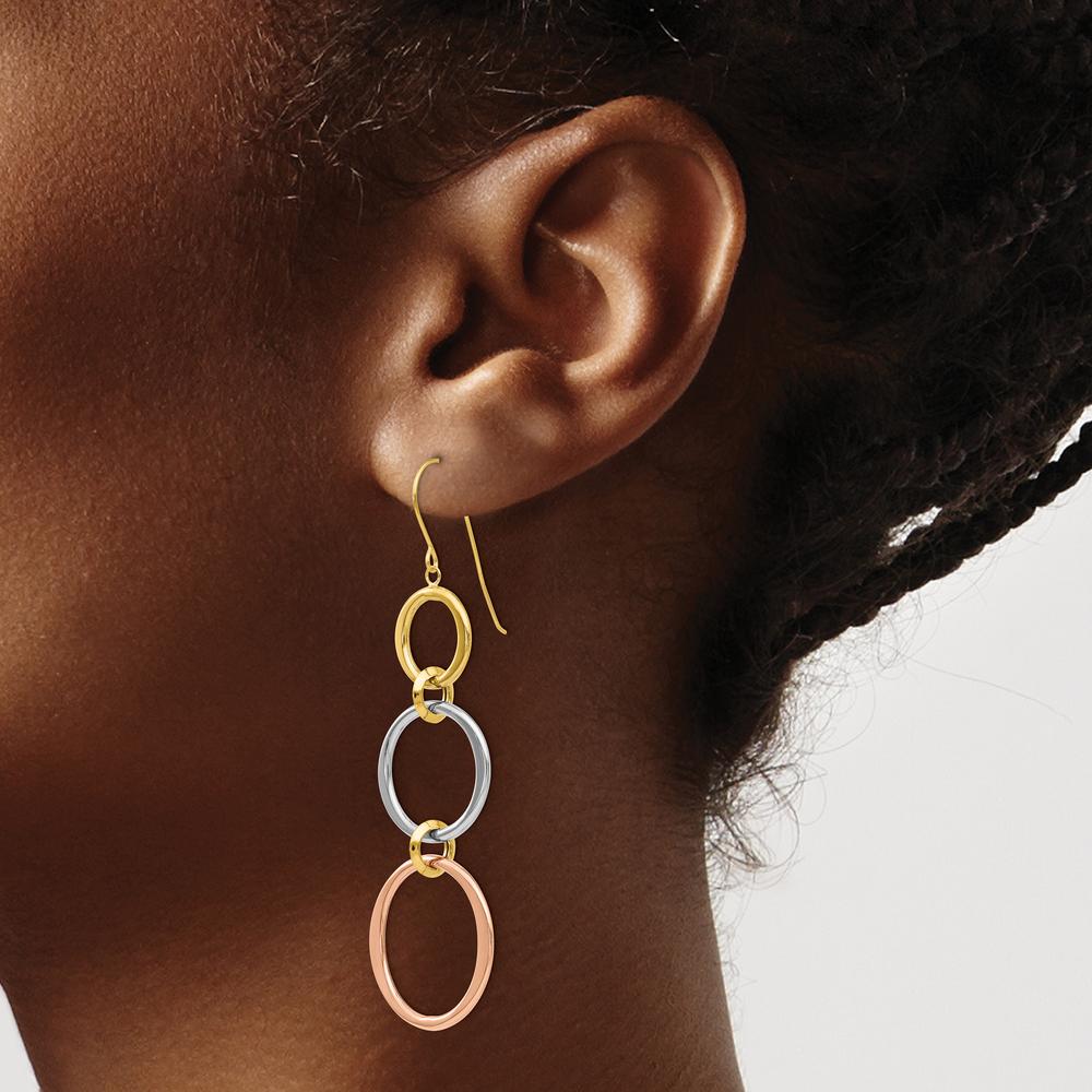 14K Tri-Color Gold Triple Circle Dangle Earrings - Polished Finish, 61mm Length by 0