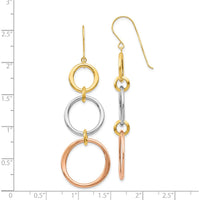 14K Tri-Color Gold Triple Circle Dangle Earrings - Polished Finish, 61mm Length by 0