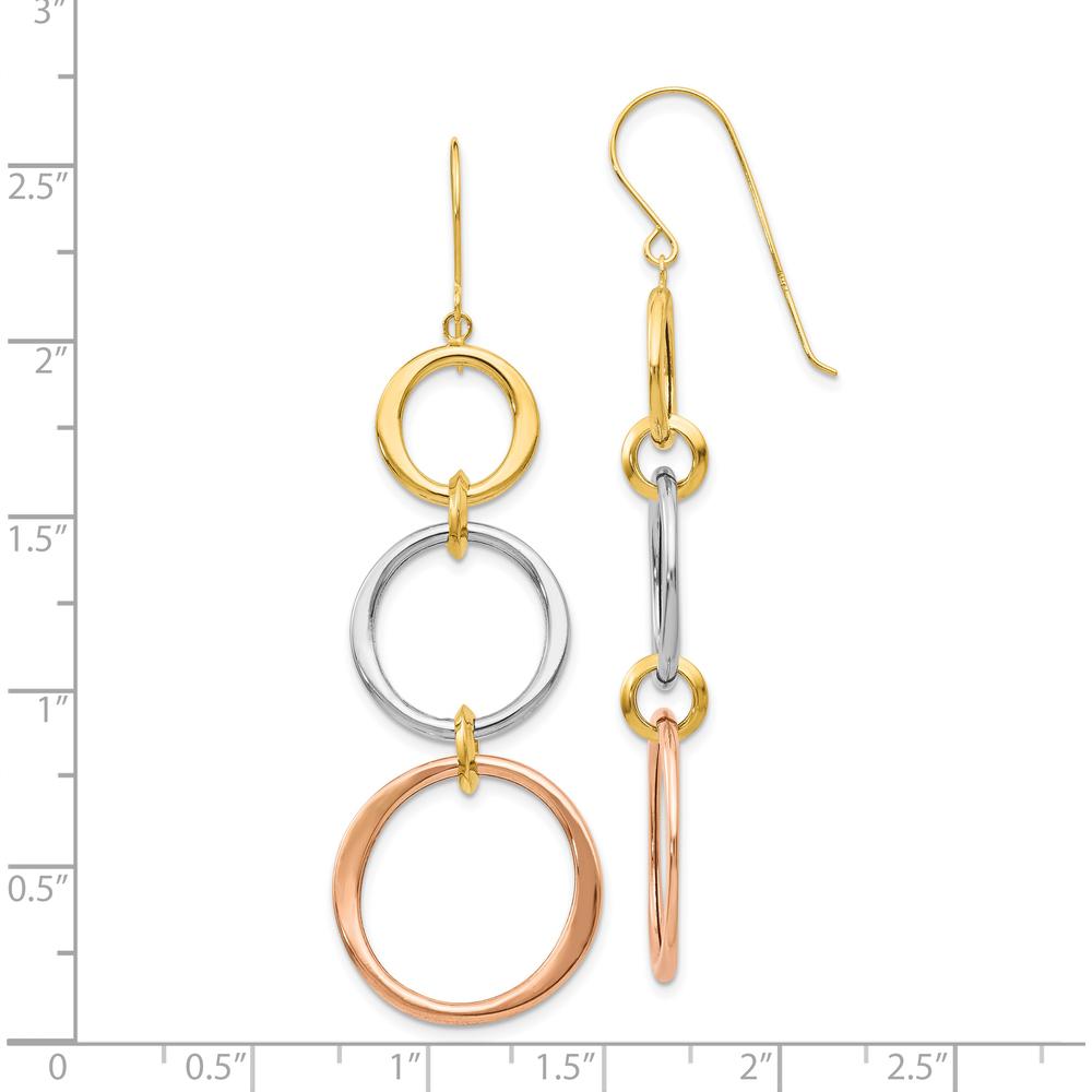 14K Tri-Color Gold Triple Circle Dangle Earrings - Polished Finish, 61mm Length by 0