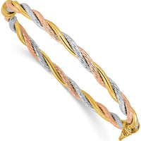 14K Tri-Color Gold Twisted Hinged Oval Bangle Bracelet - Elegant Flexible Design with Polished Finish by Oro Pregiato