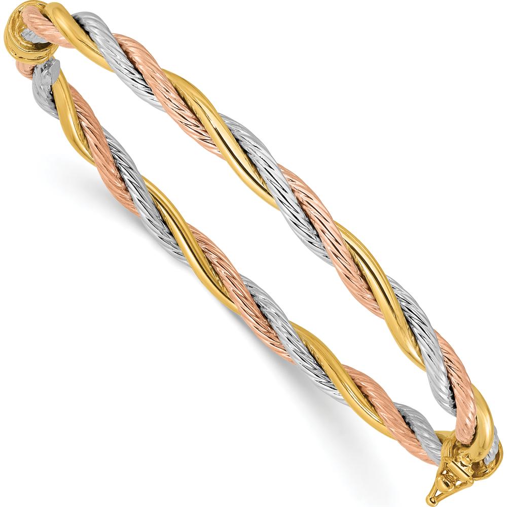 14K Tri-Color Gold Twisted Hinged Oval Bangle Bracelet - Elegant Flexible Design with Polished Finish by Oro Pregiato