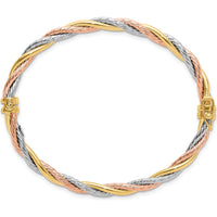 14K Tri-Color Gold Twisted Hinged Oval Bangle Bracelet - Elegant Flexible Design with Polished Finish by Oro Pregiato