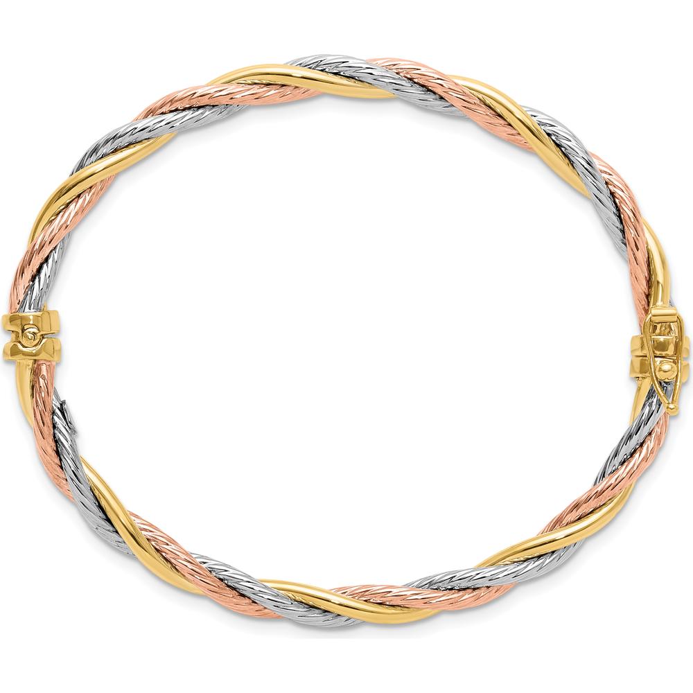 14K Tri-Color Gold Twisted Hinged Oval Bangle Bracelet - Elegant Flexible Design with Polished Finish by Oro Pregiato