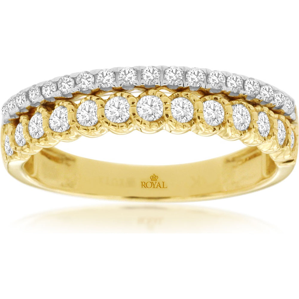 14K Tri-Color Gold Two-Row Diamond Wedding Band with Round Brilliant Cut Diamonds - 0.51 Carat Total Diamond Weight - Royal Jewelry