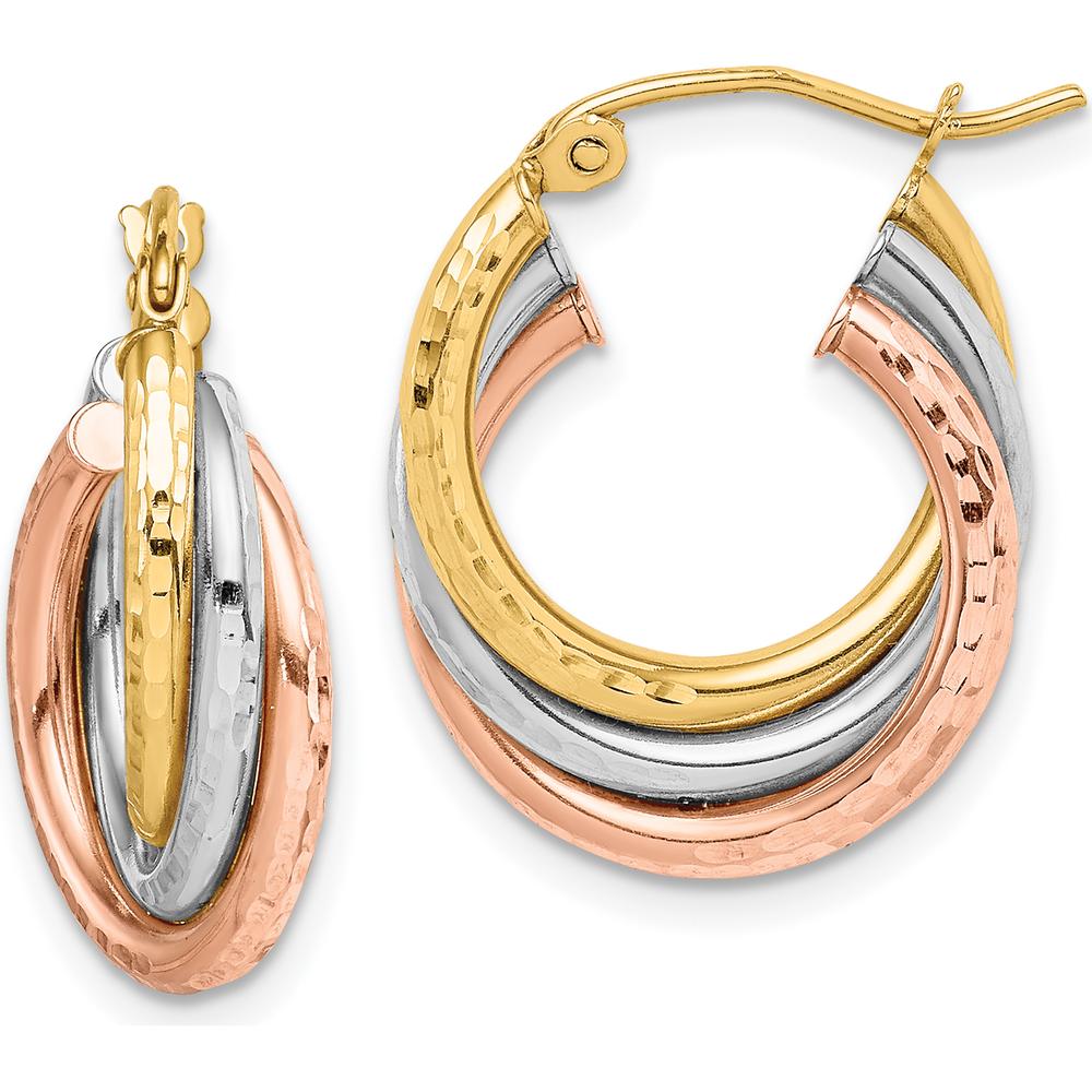 14K Tri-Color Hammered Textured Triple Hoop Earrings by 0