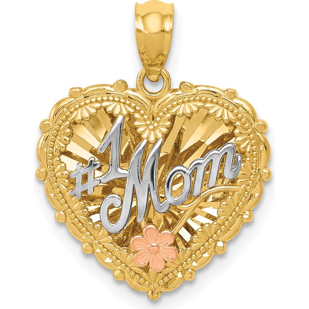 14K Tri-Color Polished #1 MOM Reversible Heart Pendant - Textured Design by Oro Pregiato