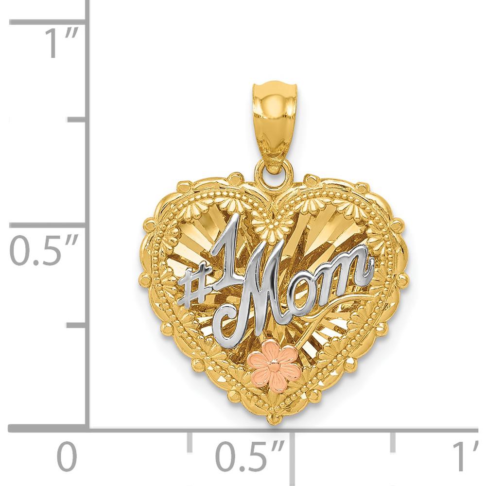 14K Tri-Color Polished #1 MOM Reversible Heart Pendant - Textured Design by Oro Pregiato