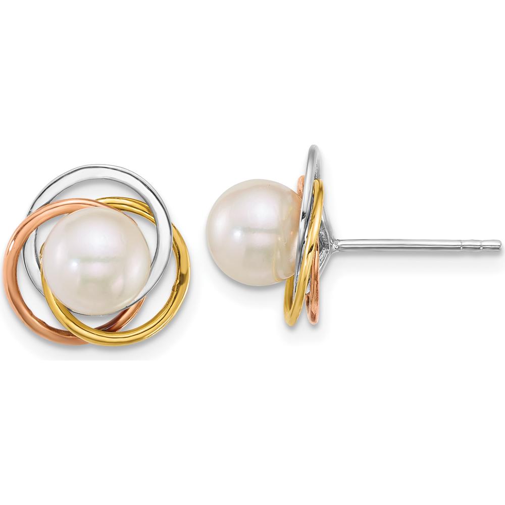 14K Tri-color Polished 6-7mm Round White South Sea Saltwater Cultured Pearl Love Knot Post Earrings by Monteluci Fine Jewelry