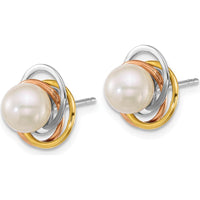 14K Tri-color Polished 6-7mm Round White South Sea Saltwater Cultured Pearl Love Knot Post Earrings by Monteluci Fine Jewelry