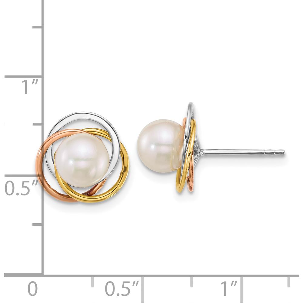 14K Tri-color Polished 6-7mm Round White South Sea Saltwater Cultured Pearl Love Knot Post Earrings by Monteluci Fine Jewelry