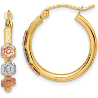 14K Tri-Color Polished & Satin Flower Hoop Earrings by 0