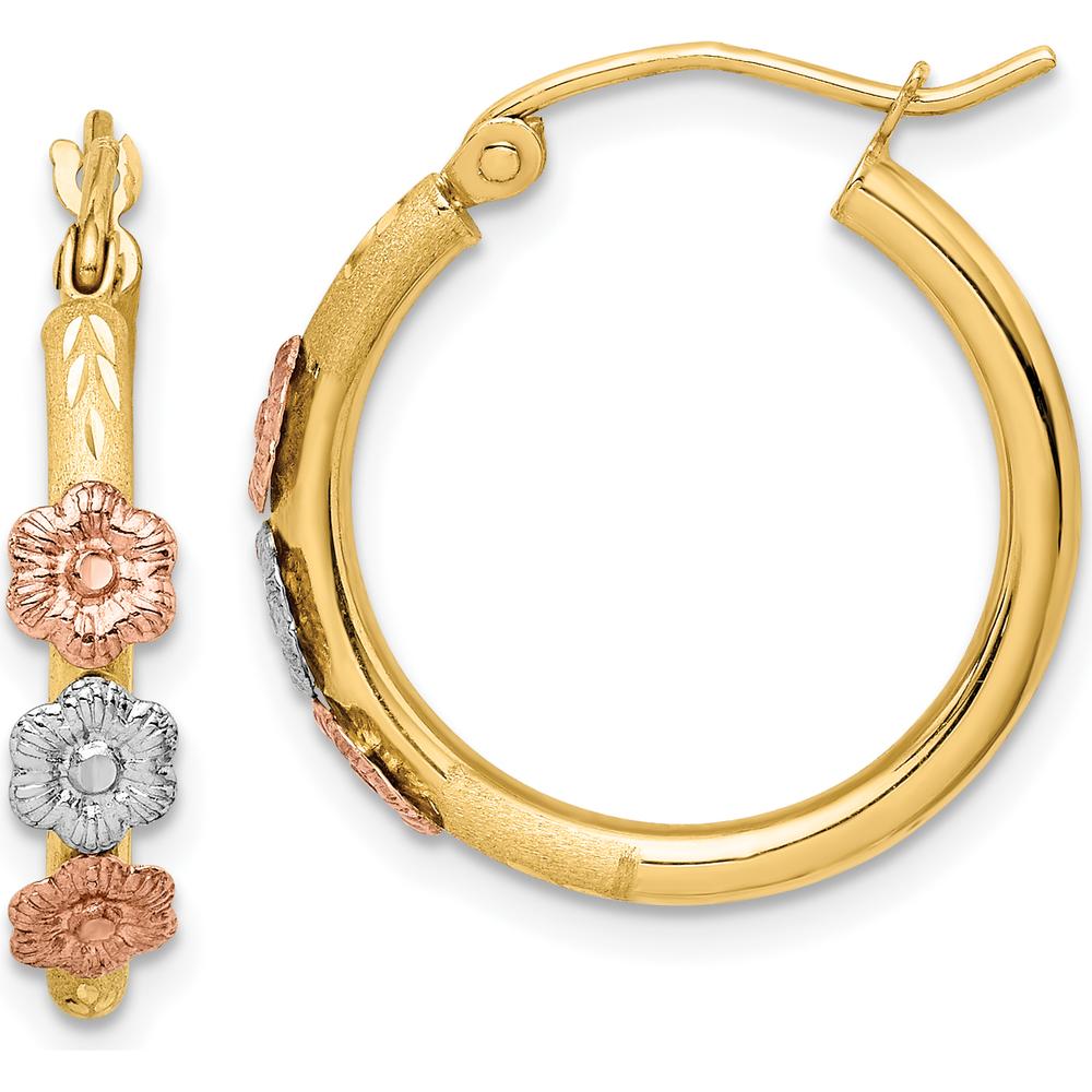 14K Tri-Color Polished & Satin Flower Hoop Earrings by 0