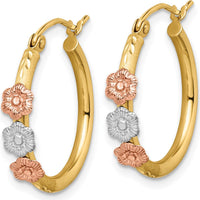 14K Tri-Color Polished & Satin Flower Hoop Earrings by 0
