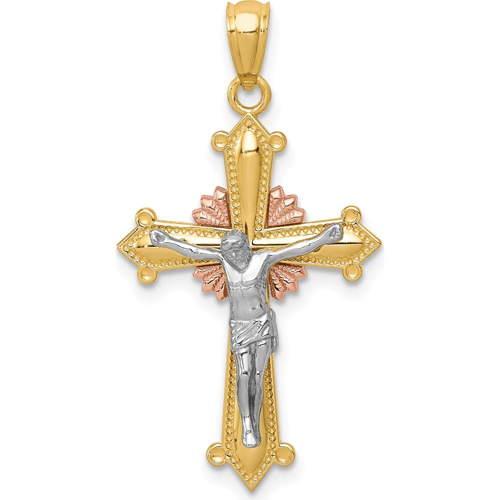 14K Tri-color Polished Crucifix Pendant - Faith Inspired Design in Yellow, White, and Rose Gold by Oro Pregiato