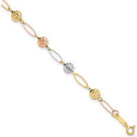 14K Tri-Color Polished Diamond-Cut Beads and Oval Link 7" Bracelet by Oro Pregiato