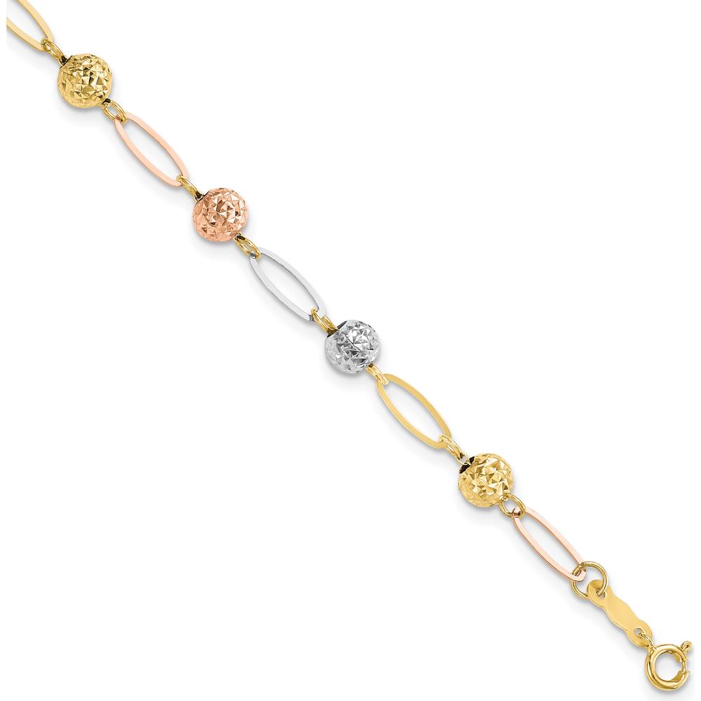 14K Tri-Color Polished Diamond-Cut Beads and Oval Link 7" Bracelet by Oro Pregiato