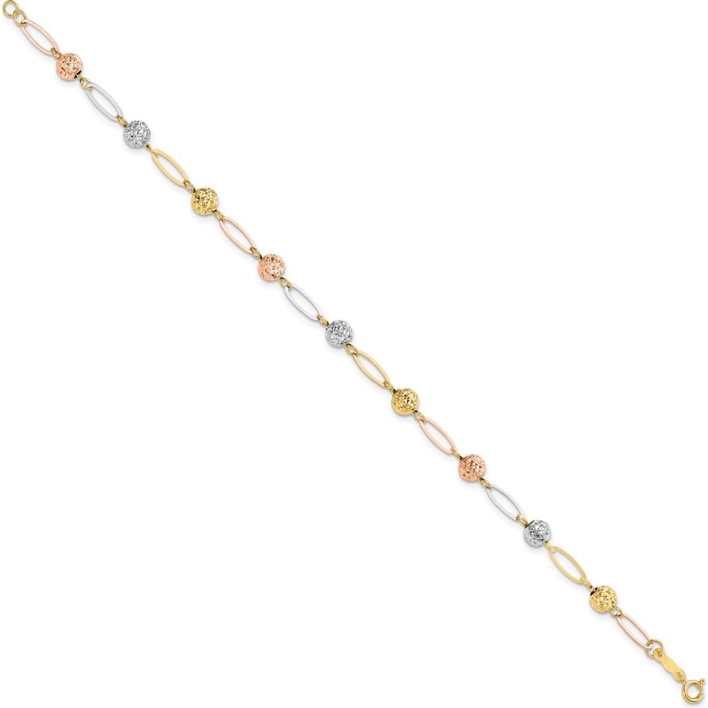 14K Tri-Color Polished Diamond-Cut Beads and Oval Link 7" Bracelet by Oro Pregiato