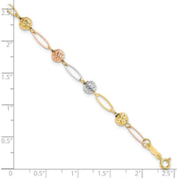 14K Tri-Color Polished Diamond-Cut Beads and Oval Link 7" Bracelet by Oro Pregiato