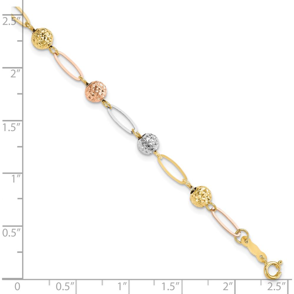 14K Tri-Color Polished Diamond-Cut Beads and Oval Link 7" Bracelet by Oro Pregiato