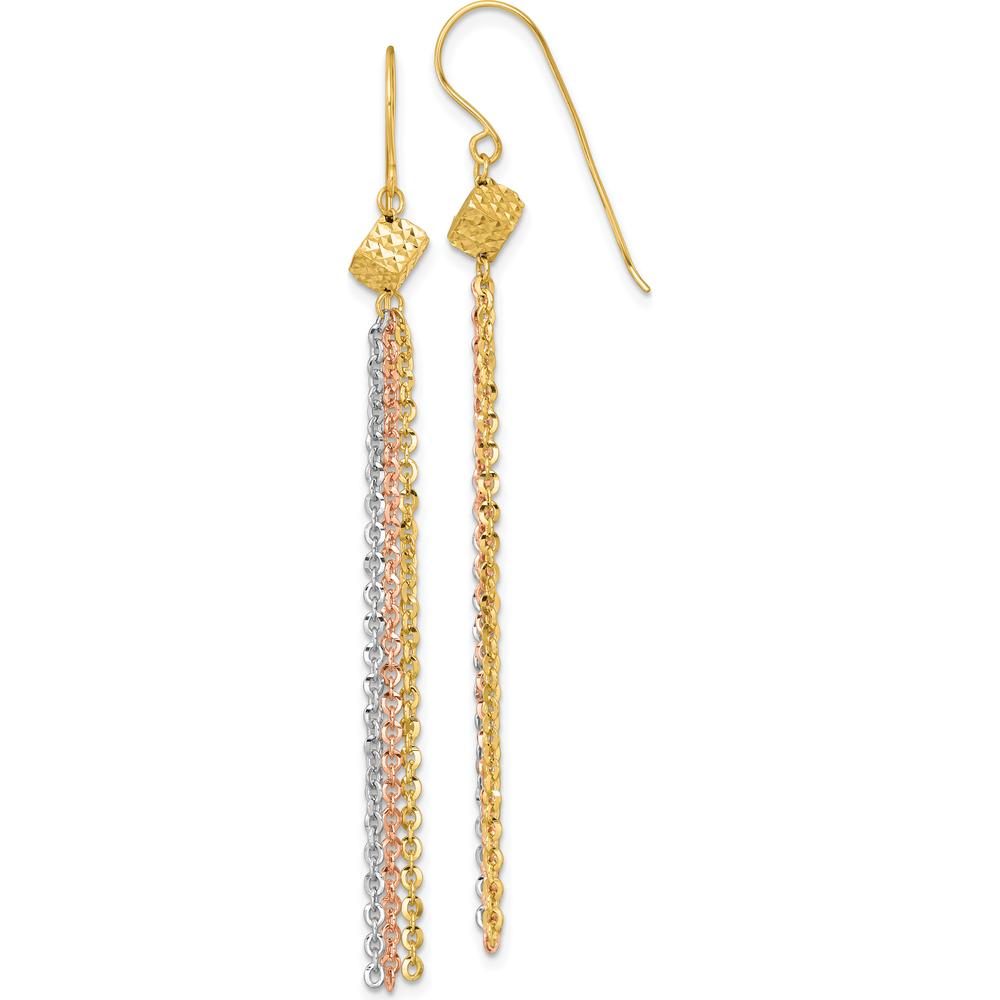 14K Tri-color Polished Fancy Chain Dangle Tassel Shepherd Hook Earrings - 72.5mm Length by 0