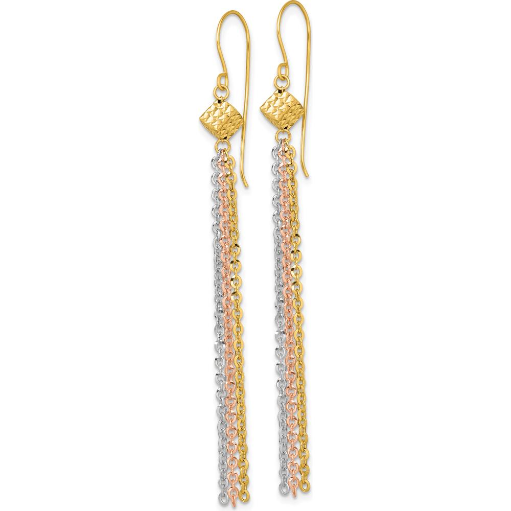 14K Tri-color Polished Fancy Chain Dangle Tassel Shepherd Hook Earrings - 72.5mm Length by 0